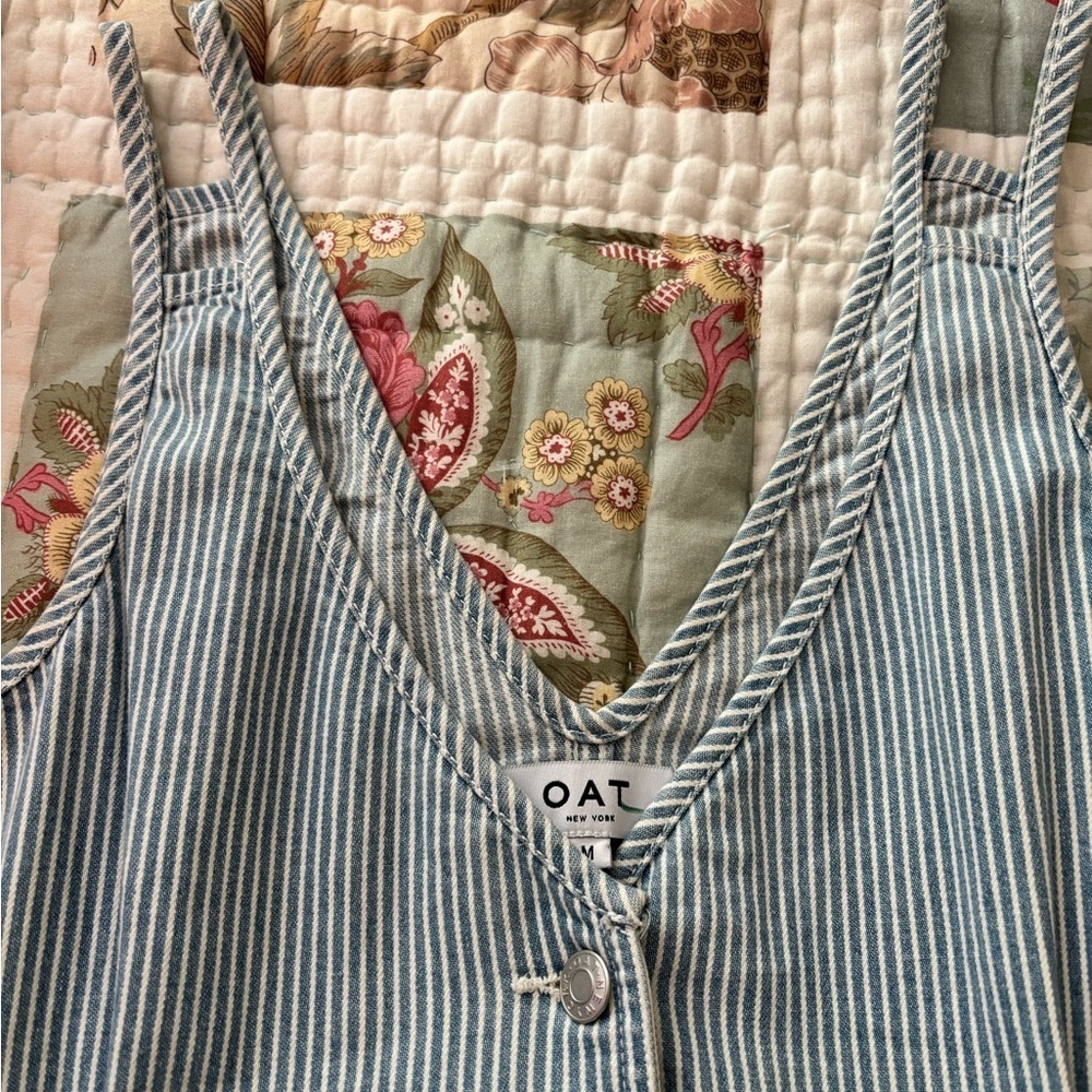 OAT dress, jumper style, spaghetti straps , belted, sheath cut. M, denim stripe - Picture 8 of 9